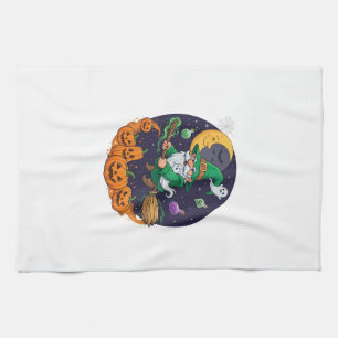 Halloween Witch Gnome Broomstick Pumpkins Moon Tea Towel