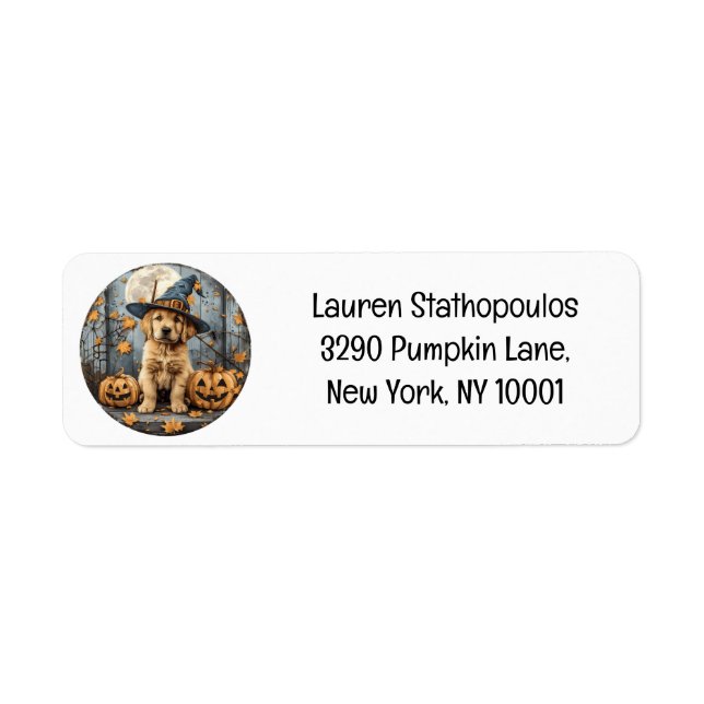 Halloween Witch Golden Retriever Puppy Pumpkins Return Address Label (Front)
