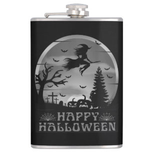 HALLOWEEN  WITCH GRAVEYARD BLACK AND WHITE HIP FLASK
