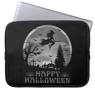HALLOWEEN  WITCH GRAVEYARD BLACK AND WHITE LAPTOP SLEEVE