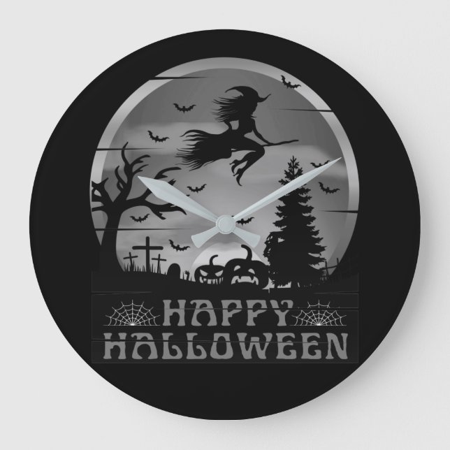 HALLOWEEN  WITCH GRAVEYARD BLACK AND WHITE LARGE CLOCK (Front)