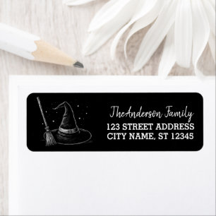 Halloween witch hat and broom Return Address       Label