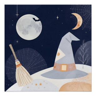 Halloween Witch Hat and Moon Night Poster