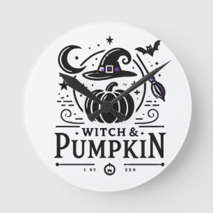Halloween Witch Hat and Pumpkin Design Magic Art Round Clock