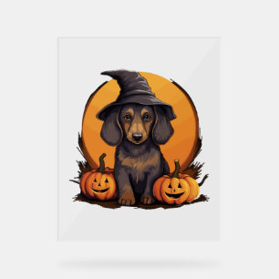 Halloween Witch Hat Pumpkin Dog Dachshund Acrylic Sign