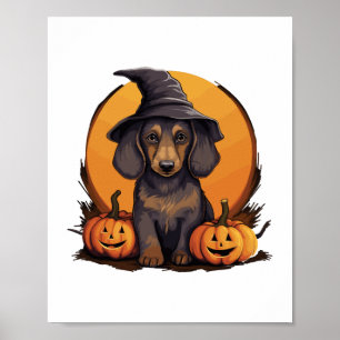 Halloween Witch Hat Pumpkin Dog Dachshund Poster