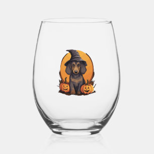 Halloween Witch Hat Pumpkin Dog Dachshund Stemless Wine Glass