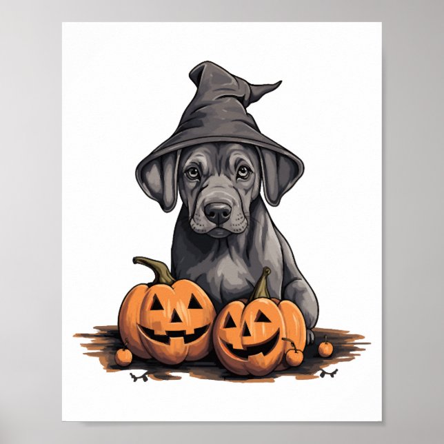 Halloween Witch Hat Pumpkin Dog Great Dane Poster (Front)