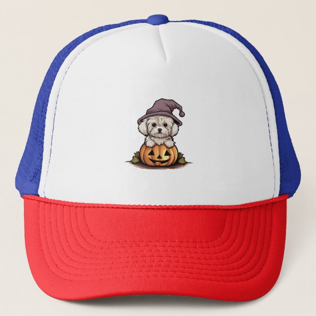 Halloween Witch Hat Pumpkin Dog Maltese (Front)