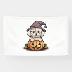 Halloween Witch Hat Pumpkin Dog Maltese Banner