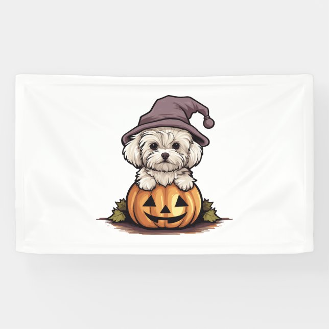 Halloween Witch Hat Pumpkin Dog Maltese Banner (Horizontal)