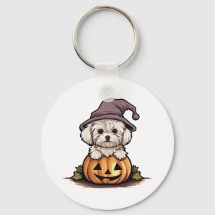 Halloween Witch Hat Pumpkin Dog Maltese Key Ring