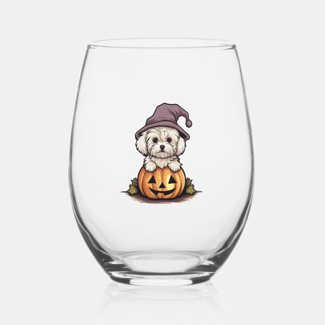Halloween Witch Hat Pumpkin Dog Maltese Stemless Wine Glass (Front)