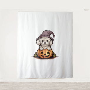 Halloween Witch Hat Pumpkin Dog Maltese Tapestry