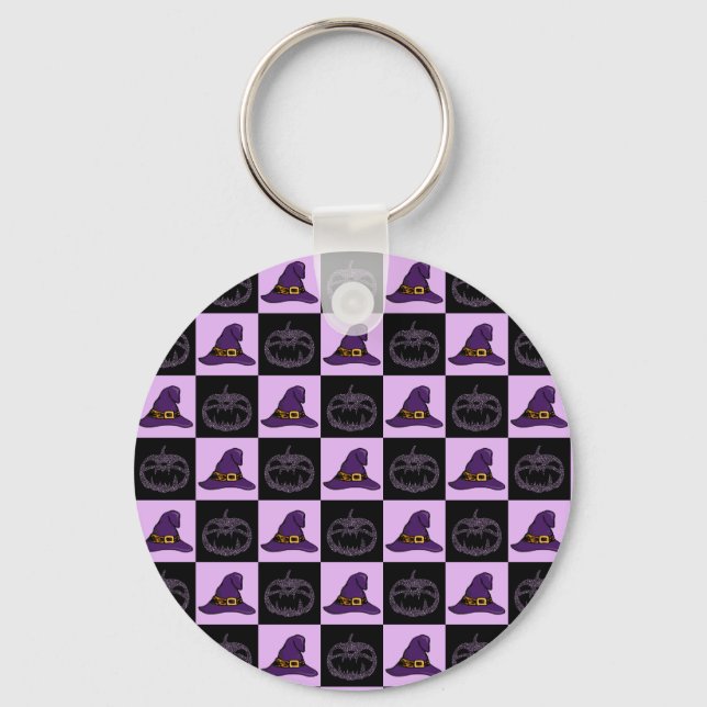 Halloween Witch Hat Pumpkin Face Spooky Pattern Key Ring (Front)