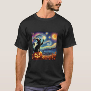 Halloween Witch Hat Starry Night Cat Van Gogh Cat  T-Shirt
