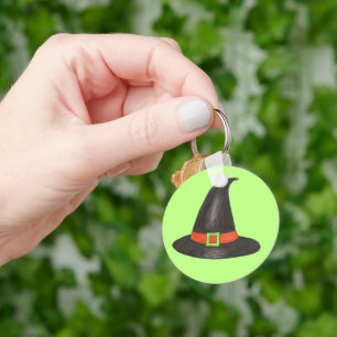 Halloween Witch Hat Trick or Treat Green Black Key Ring