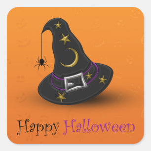 Halloween Witch Hat with Spider Square Sticker