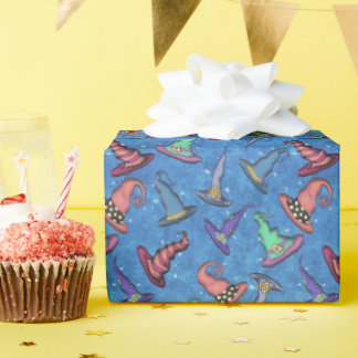 Halloween Witch Hats on Blue  Wrapping Paper