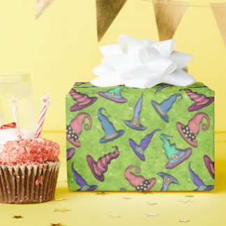 Halloween Witch Hats on Lime Green Wrapping Paper