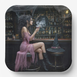 Halloween Witch in a Pink Dress Paper Plate