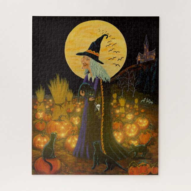 Halloween witch in a pumpkin patch puzzle (Vertical)
