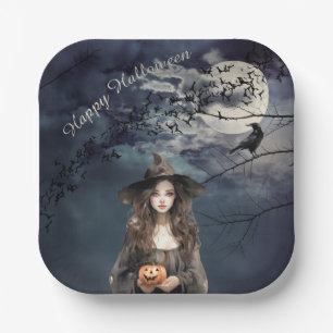 Halloween Witch in Moonlight  Paper Plate