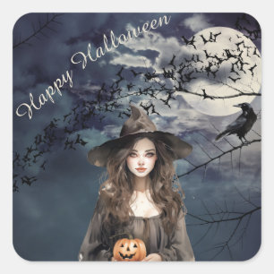 Halloween Witch in Moonlight Square Sticker
