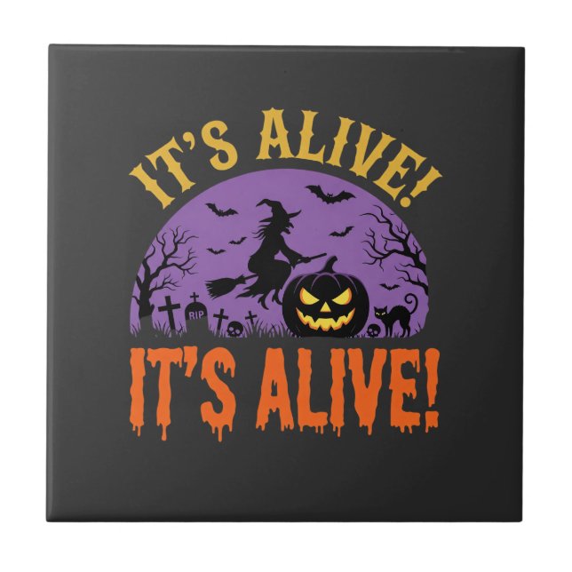 Halloween Witch Jack O Lantern It's Alive Ceramic Tile (Front)