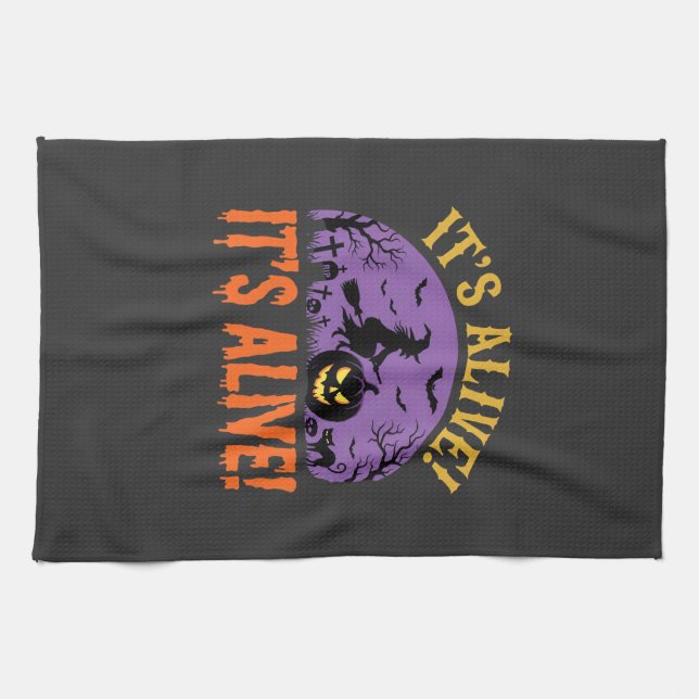 Halloween Witch Jack O Lantern It's Alive Tea Towel (Horizontal)