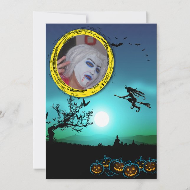 Halloween Witch, Jack o' Lanterns, Photo Frame Invitation (Front)