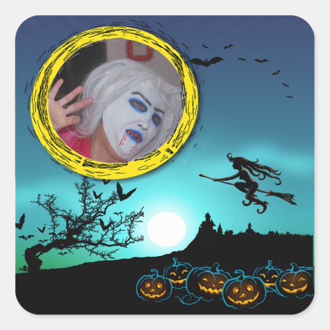 Halloween Witch, Jack o' Lanterns, Photo Frame Square Sticker (Front)
