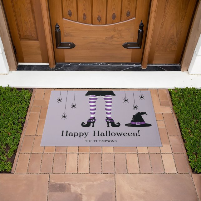 Halloween Witch Legs And Spiders With Name Purple Doormat (Outdoor)