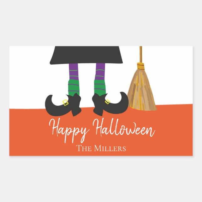 Halloween Witch Legs & Broom Personalised Rectangular Sticker (Front)