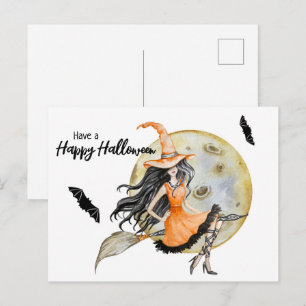 Halloween Witch, Moon and Bats Postcard