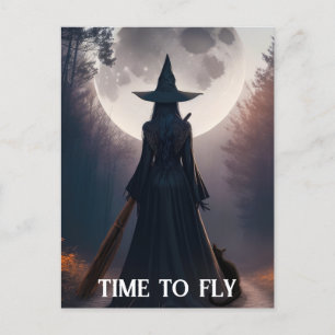 Halloween Witch Moon Black Cat Whimsigoth Custom Postcard