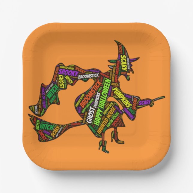 Halloween Witch on a Broomstick Orange Typography Paper Plate (Front)