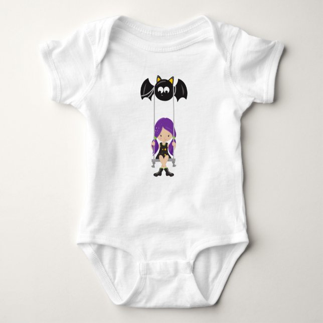 Halloween, Witch On A Swing, Bat, Trick Or Treat Baby Bodysuit (Front)