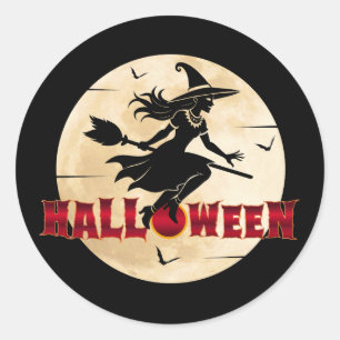 Halloween Witch On Broom Classic Round Sticker