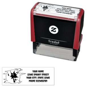 Halloween witch on broom custom return address self-inking stamp