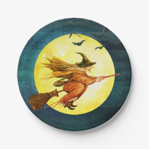 Halloween Witch On Broomstick Moon Paper Plate