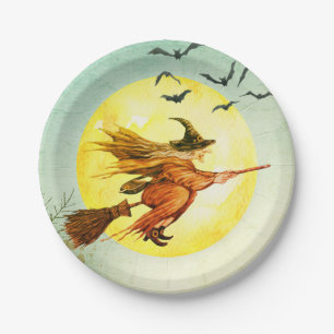 Halloween Witch On Broomstick  Paper Plate