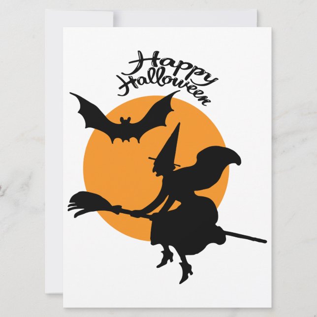 Halloween witch on broomstick with bat, witch card (Front)