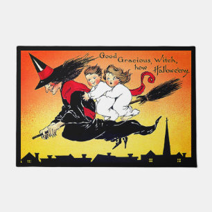 Halloween Witch On Broomstick With Cute Kids Doormat
