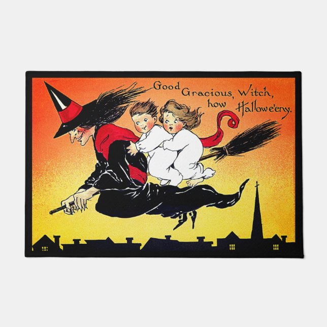 Halloween Witch On Broomstick With Cute Kids Doormat (Front)