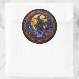 Halloween Witch on Flying Broom Classic Round Sticker