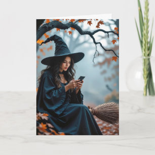 Halloween Witch On Her Broom and Texting Card