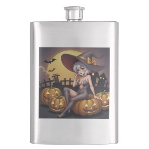 Halloween Witch on Jack-O-Lantern's at Farm Hip Flask