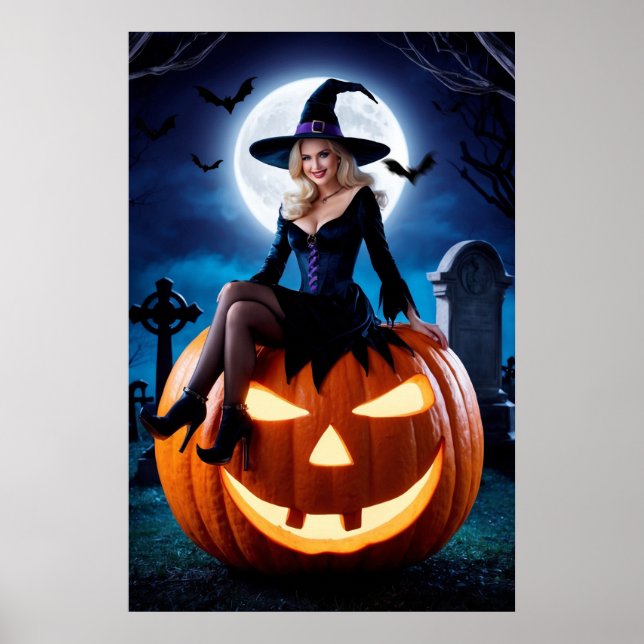 Halloween Witch on Pumpkin Poster (Front)