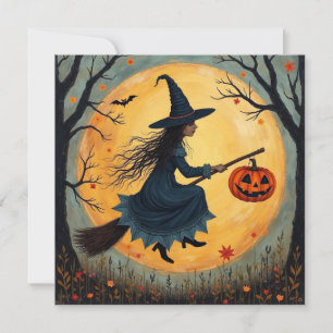 Halloween Witch on the Broom and Full Moon  Holiday Card